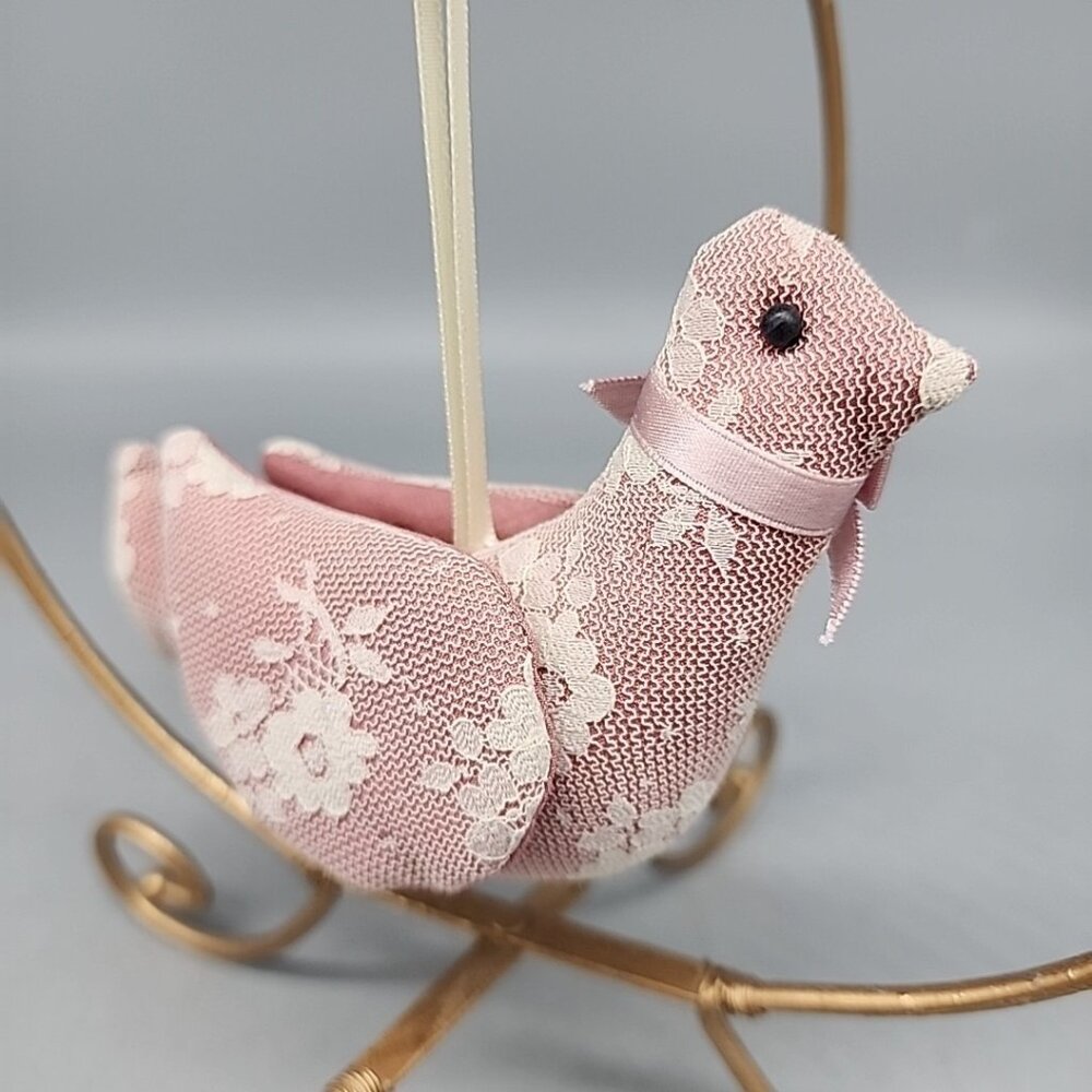 Vintage Russ Pink White Lace Dove Cloth Christmas Ornament